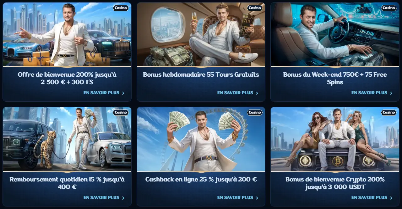 Promotions Millioner Casino — offre de bienvenue 200 % jusqu’à 2 500 € + 300 FS, bonus hebdomadaire, week-end, remboursement quotidien, cashback et bonus crypto